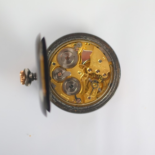 92 - An early 20th century Zenith alarm pocket watch, the black dial with Arabic numerals and two subsidi... 