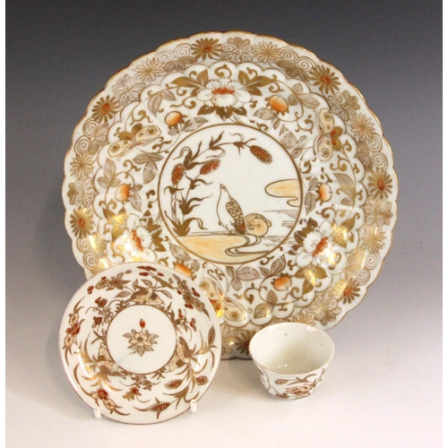340 - An 18th century Japanese Gold Imari 'Quail' plate, 18th century, of fluted circular form, painted to... 