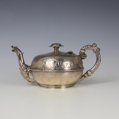 4 - A George IV silver teapot, Howard Battie and Hawksworth , Sheffield 1823, the cast fruit finial abov... 
