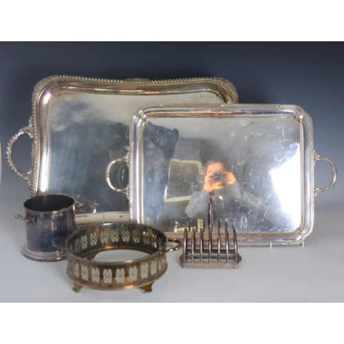 74 - A selection of silver plate, including an Elkington and Co tray, with reeded and ribbon detail to th... 