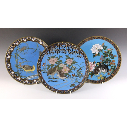 345 - A near pair of Japanese cloisonne chargers, Meiji Period (1868-1912), each of circular form and deco... 
