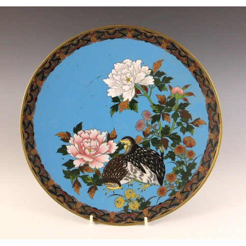 345 - A near pair of Japanese cloisonne chargers, Meiji Period (1868-1912), each of circular form and deco... 