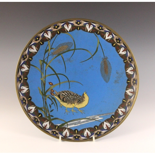 345 - A near pair of Japanese cloisonne chargers, Meiji Period (1868-1912), each of circular form and deco... 