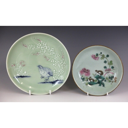 348 - A Chinese celadon-ground famille rose dish, 19th century, of circular form and panted to the centre ... 