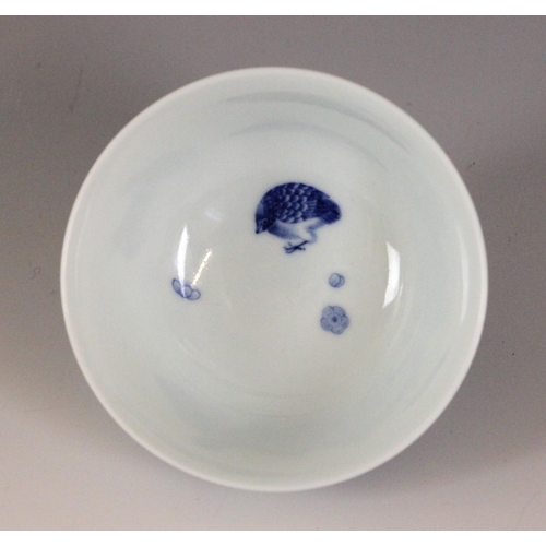 350 - A Chinese porcelain blue and white 'Quail' tea bowl, Yongzheng seal mark, the tapered cylindrical bo... 