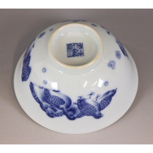 350 - A Chinese porcelain blue and white 'Quail' tea bowl, Yongzheng seal mark, the tapered cylindrical bo... 