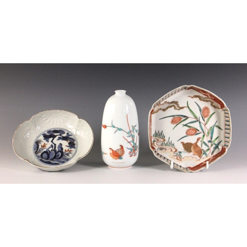 354 - A Japanese Sakaida Kakiemon porcelain vase, 20th century, the tapered cylindrical vase with narrow n... 