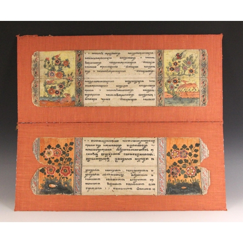 321 - Two South East Asian illustrated manuscript fragments, 19th century, each mounted on board, 30cm x 7... 