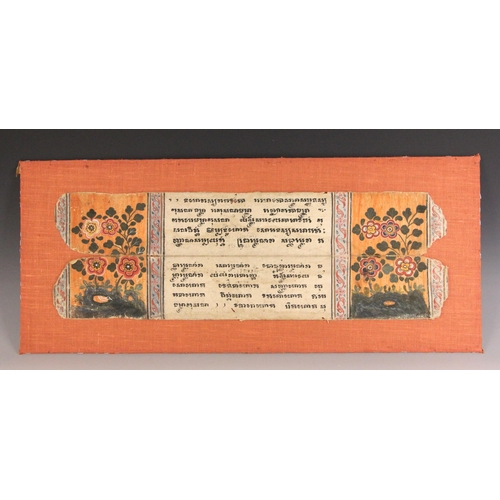 321 - Two South East Asian illustrated manuscript fragments, 19th century, each mounted on board, 30cm x 7... 