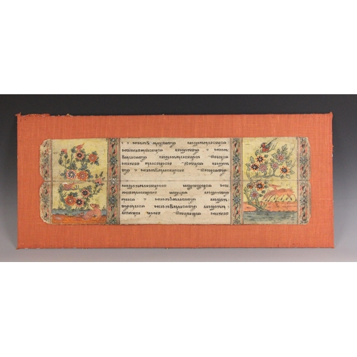 321 - Two South East Asian illustrated manuscript fragments, 19th century, each mounted on board, 30cm x 7... 