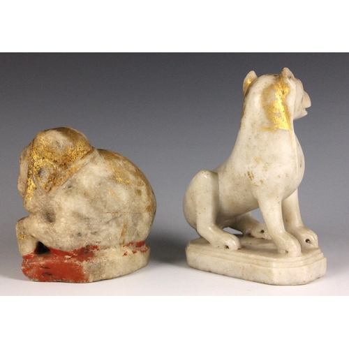 322 - A carved marble and gilt painted model of a mythical beast, India, 19th century, modelled seated on ... 