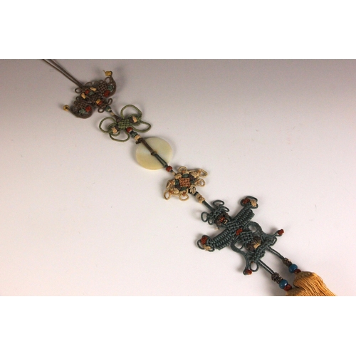 323 - A Chinese silk scroll pendant or tassel, late 19th century, woven to depict a bat and butterfly susp... 