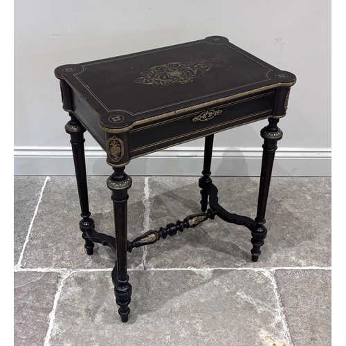 560 - A French ebonised and brass inlaid work table, 19th century, the hinged top inlaid with a central ar... 