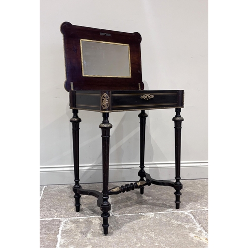 560 - A French ebonised and brass inlaid work table, 19th century, the hinged top inlaid with a central ar... 