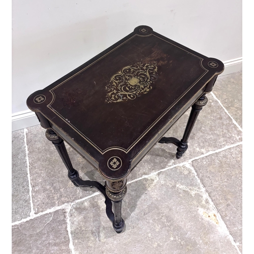 560 - A French ebonised and brass inlaid work table, 19th century, the hinged top inlaid with a central ar... 