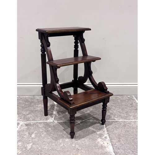 588 - A set of 19th century style mahogany library steps, the three steps supported by scroll arms and flu... 