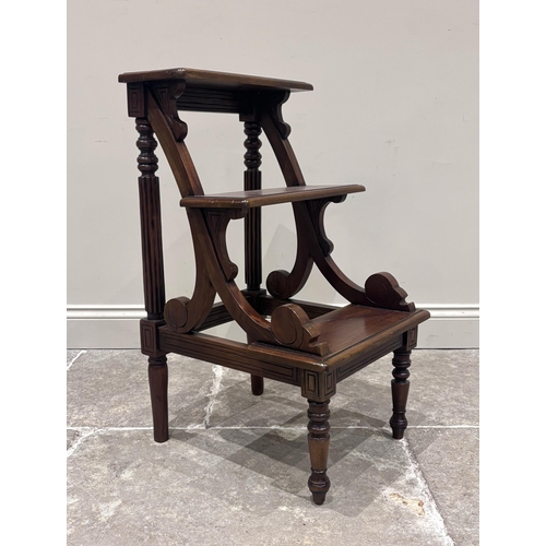 588 - A set of 19th century style mahogany library steps, the three steps supported by scroll arms and flu... 