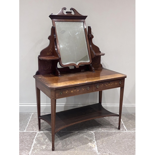 595 - An Edwardian satinwood inlaid dressing table, the swivel mirrored back below a broken swans neck ped... 