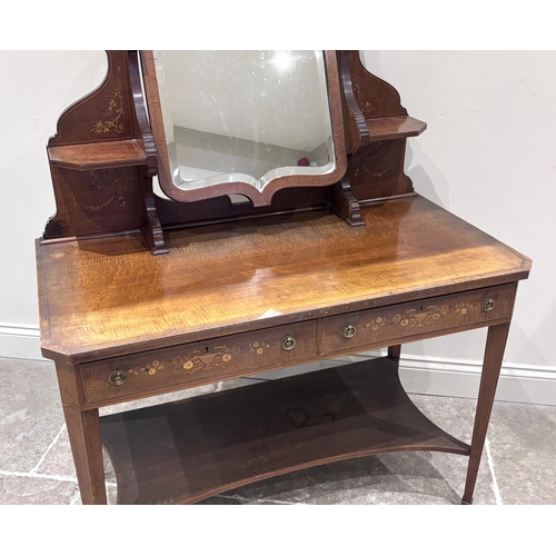 595 - An Edwardian satinwood inlaid dressing table, the swivel mirrored back below a broken swans neck ped... 