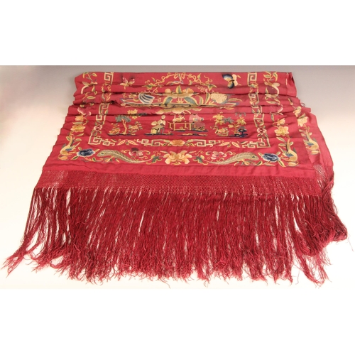 410 - A 19th century Chinese silk embroidered shawl, finely embroidered in polychrome threads with vases o... 