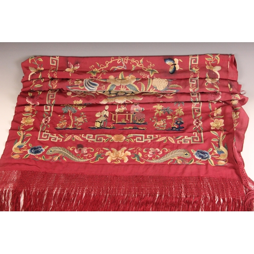 410 - A 19th century Chinese silk embroidered shawl, finely embroidered in polychrome threads with vases o... 