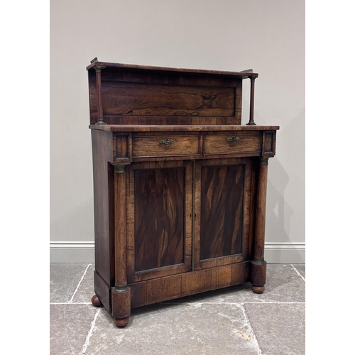 584 - A Victorian rosewood chiffonier, the raised back upon cylindrical column supports above a rectangula... 