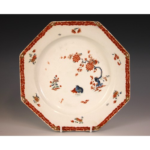 301 - A Bow porcelain kakiemon palette octagonal plate in the 'Two Quail' pattern, mid 18th century circa ... 