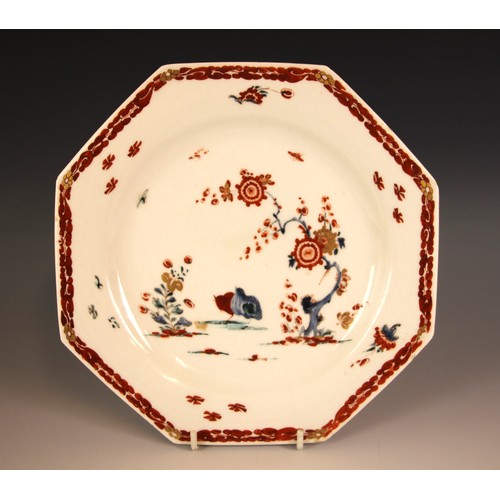 302 - A Bow porcelain kakiemon palette octagonal plate in the 'Two Quail' pattern, mid 18th century circa ... 