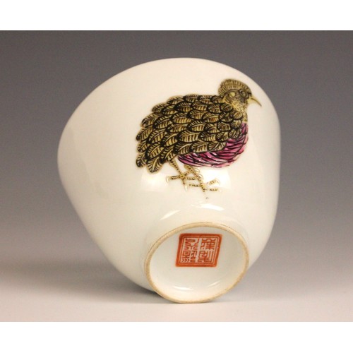 341 - A Chinese porcelain 'Quail' cup, Daoguang seal mark, of flared cylindrical form, painted with two qu... 