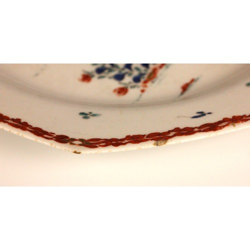 300 - A Bow porcelain kakiemon palette octagonal plate in the 'Two Quail' pattern, circa 1765, unmarked, 2... 