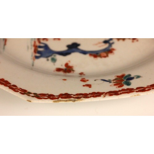 300 - A Bow porcelain kakiemon palette octagonal plate in the 'Two Quail' pattern, circa 1765, unmarked, 2... 