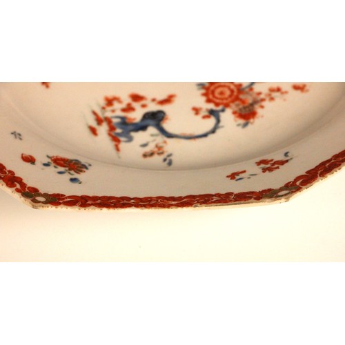 301 - A Bow porcelain kakiemon palette octagonal plate in the 'Two Quail' pattern, mid 18th century circa ... 