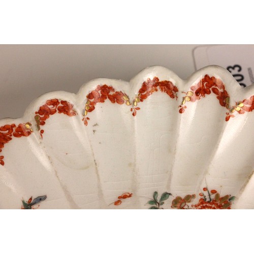 303 - A Bow porcelain kakiemon palette chrysanthemum shaped dish in the 'Two Quail' pattern, mid 18th cent... 