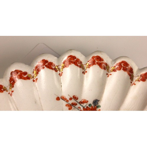 303 - A Bow porcelain kakiemon palette chrysanthemum shaped dish in the 'Two Quail' pattern, mid 18th cent... 