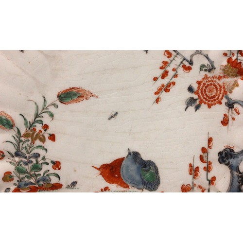303 - A Bow porcelain kakiemon palette chrysanthemum shaped dish in the 'Two Quail' pattern, mid 18th cent... 