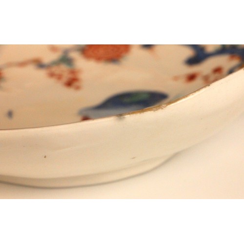 305 - A Bow porcelain kakiemon palette leaf shaped dish in the 'Two Quail' pattern, mid 18th century circa... 