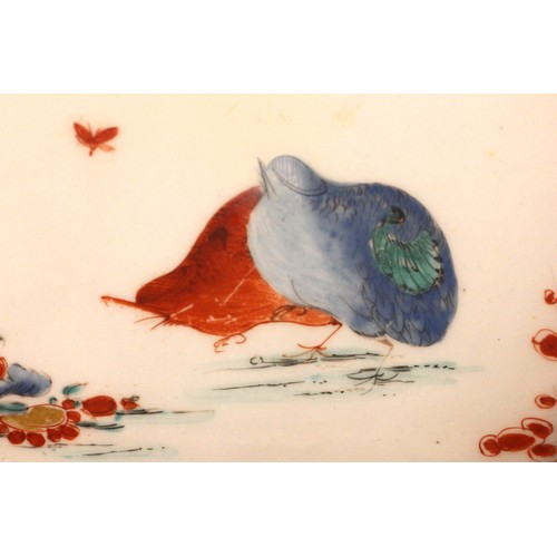 305 - A Bow porcelain kakiemon palette leaf shaped dish in the 'Two Quail' pattern, mid 18th century circa... 
