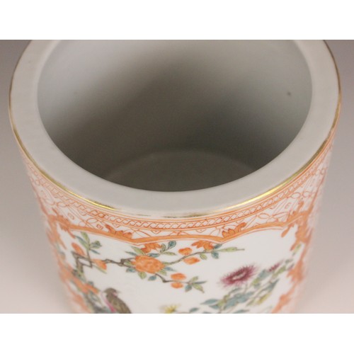 328 - A Chinese porcelain iron-red brush pot (bitong), Qianlong seal mark, of cylindrical form and externa... 