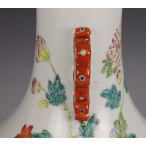 331 - A Chinese porcelain famille rose vase, Daoguang character mark, the begonia shaped vase with two ruy... 