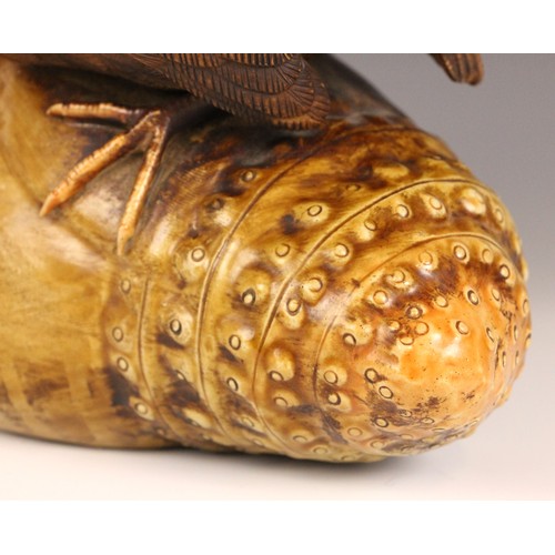 347 - A large Japanese porcelain model of two quail on a bamboo root, 19th century, each bird modelled per... 