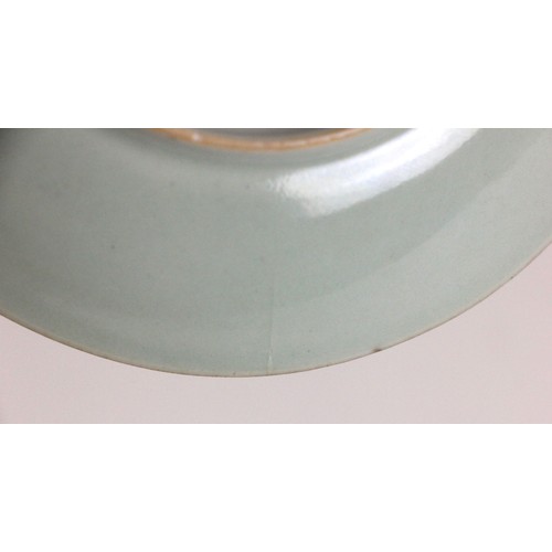 348 - A Chinese celadon-ground famille rose dish, 19th century, of circular form and panted to the centre ... 