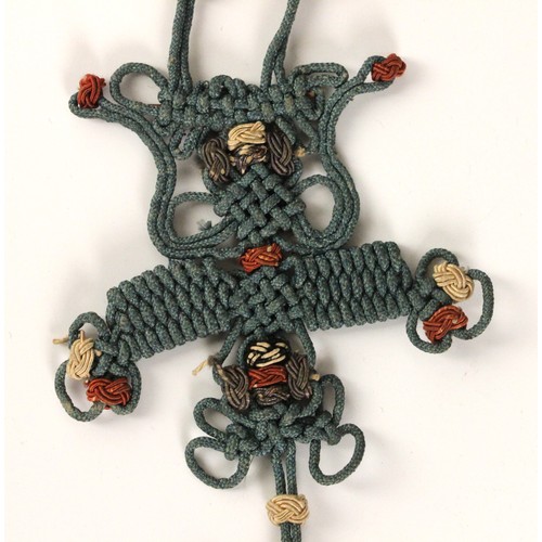 323 - A Chinese silk scroll pendant or tassel, late 19th century, woven to depict a bat and butterfly susp... 