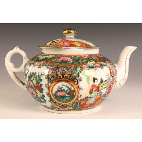 358 - A Chinese Canton Famille Rose tea service, comprising; five teacups and saucers, a teapot and cover,... 