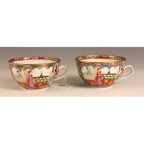 358 - A Chinese Canton Famille Rose tea service, comprising; five teacups and saucers, a teapot and cover,... 