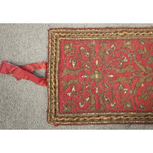 405 - A 19th century green silk damask and metallic edged apron, on yellow fabric backing, 116cm long, wit... 