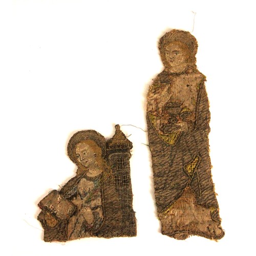 405 - A 19th century green silk damask and metallic edged apron, on yellow fabric backing, 116cm long, wit... 