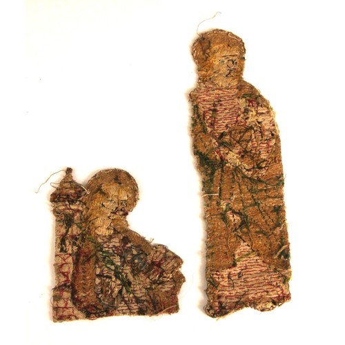 405 - A 19th century green silk damask and metallic edged apron, on yellow fabric backing, 116cm long, wit... 