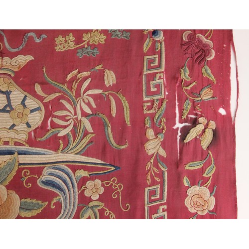 410 - A 19th century Chinese silk embroidered shawl, finely embroidered in polychrome threads with vases o... 