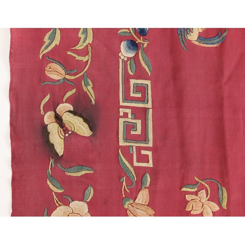 410 - A 19th century Chinese silk embroidered shawl, finely embroidered in polychrome threads with vases o... 