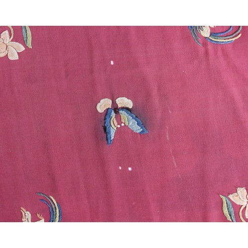 410 - A 19th century Chinese silk embroidered shawl, finely embroidered in polychrome threads with vases o... 